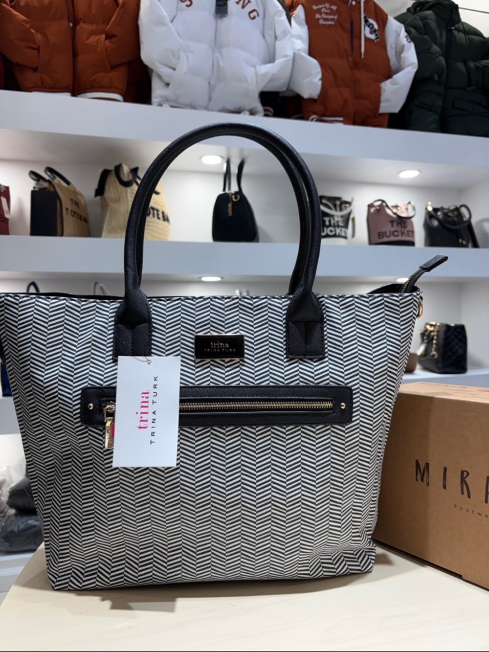 Trina Turk Black & White Chevron Tote with Top Handles